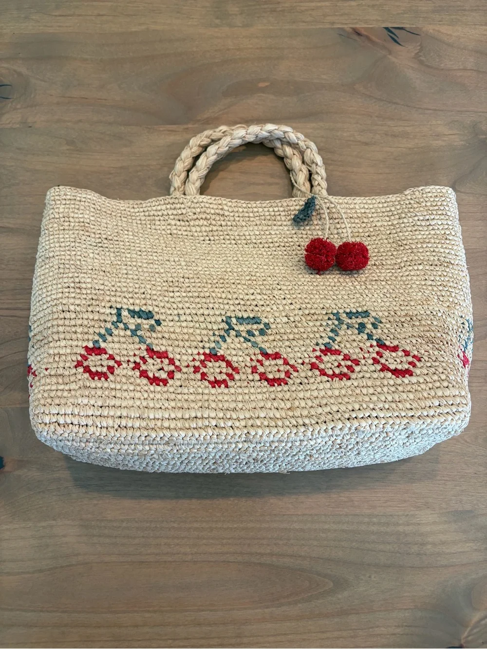 NWT $285 Bonpoint Fama Raffia Tote Bag with Red Cherries